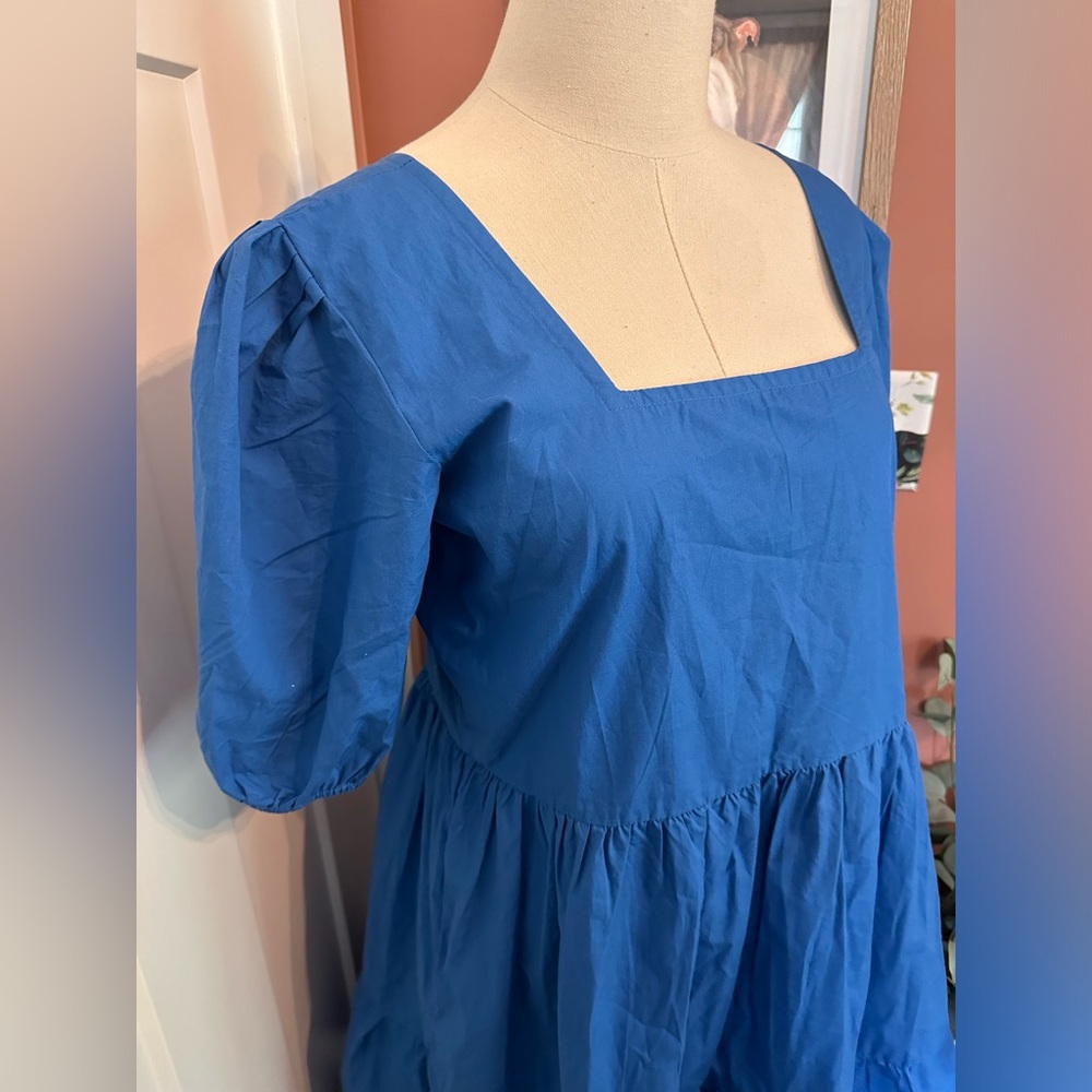 NWOT Maude Vivante Aria midi Royal blue L puff sleeve tiered 100% cotton dress - Picture 3 of 15